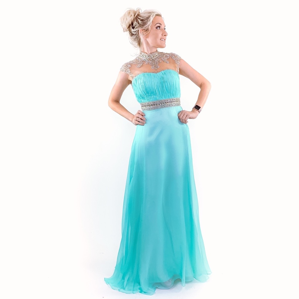 Aqua Chiffon Illusion Evening Gown Prom Dress - Picture 6 of 8